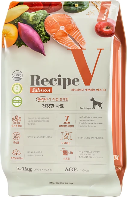 유한양행레시피브이 어덜트 강아지 세븐제로 건식사료, 연어, 5.4kg, 1개