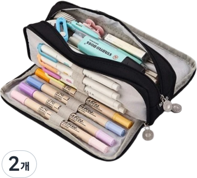 마카롱 더블 윈도우 캠퍼스 패브릭 대용량 필통 수납파우치, 블랙, 2개
