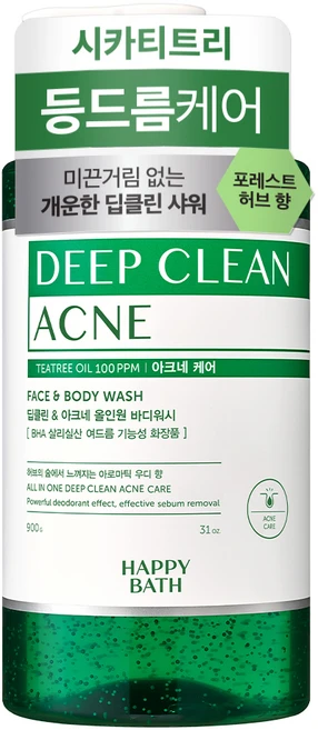 해피바스 딥클린 티트리 아크네 케어 올인원 바디워시 우디 허브향, 900g, 1개