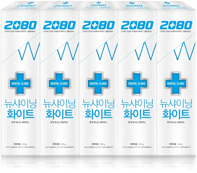 2080 덴탈크리닉 뉴샤이닝 화이트 베이직 치약, 140g, 5개