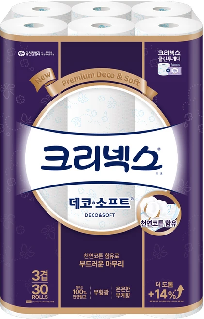 크리넥스 데코앤소프트 천연펄프 3겹 고급롤화장지, 27m, 30개입, 1개