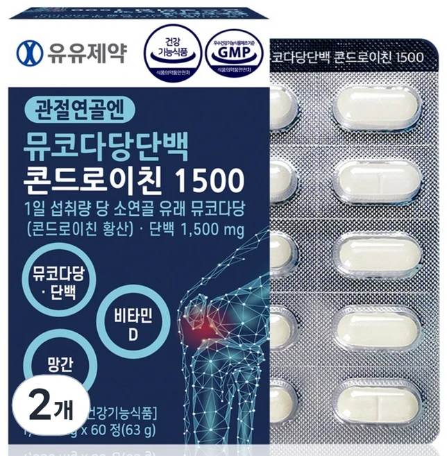유유제약 관절연골엔 뮤코다당단백 콘드로이친 영양제 1500 63g, 2개, 60정