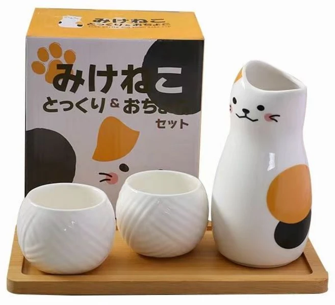 일본 귀여운 고양이 사케병 사케잔 세트 집들이선물, 2개, 1 bottle + 2 cups