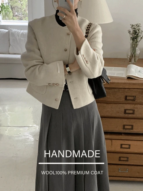 피넛 울100% 노카라 골드버튼 하객룩 숏코트 가디건 핸드메이드코트(2color) /겨울코트/가을아우터코트/겨울하객룩/겨울하프코트/울100자켓/더플코트
