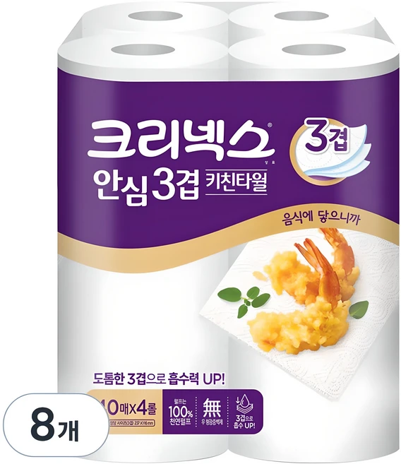 크리넥스 안심 3겹 천연펄프 키친타월, 140매, 8개