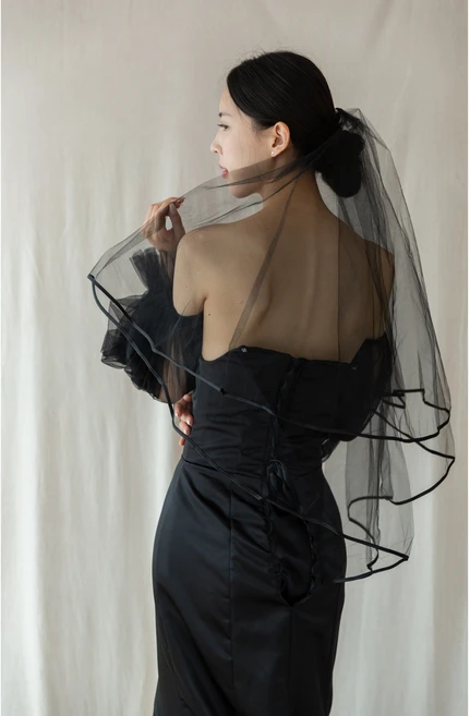 블랙 바이어스 베일 + 블랙 리본 쉬폰 머리끈 세트