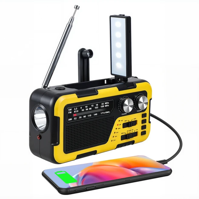 휴대용 태양열 라디오 핸드 크랭크 야외 비상 SOS 라디오 FM AM 효도 라디오 대용량 LED 조명 블루투스 스피커 강력한 조명 손전등 지원 TF 카드 다기능 스피커 MP3 안테, 노란색