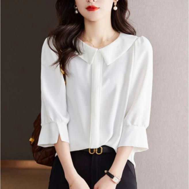 SAHINER 봄가을 여성 오피스룩 7부소매 쉬폰 루즈핏 블라우스 LBCS38