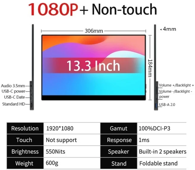 스마트 oled 뷰어 휴대용 모니터 FHD 13.3인치 1080P 550니트, EU 플러그, 터치 불가