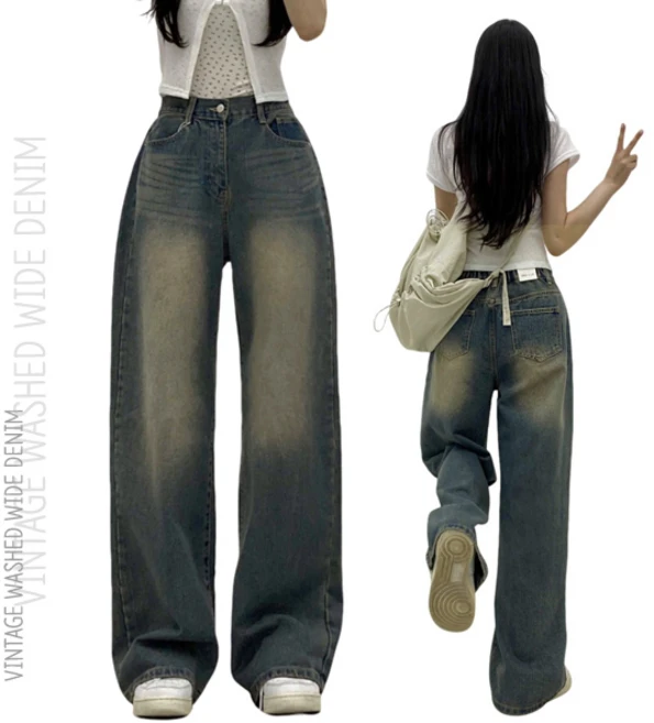 핫투 3단기장[브러쉬워싱/와이드]빈티지워싱 뒷밴딩 하이웨스트 난스판 데님팬츠 청바지 3C