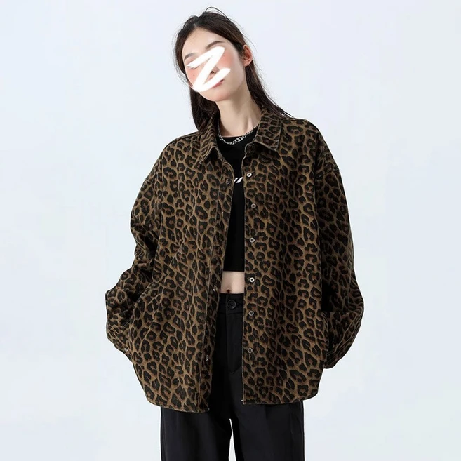 MOSAIRATION 여성 빈티지 레오파드 긴팔 셔츠 자켓 루즈핏 캐주얼 나른한 분위기 트렌디 셔츠 I030608