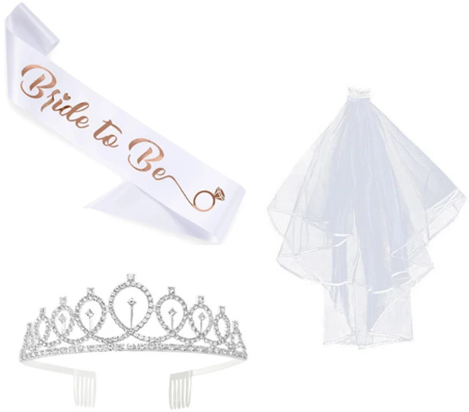 셀프 웨딩 브라이덜샤워 파티 헤어 악세사리 소품 면사포 티아라 어깨띠 3종세트, 면사포+티아라+어깨띠 3종