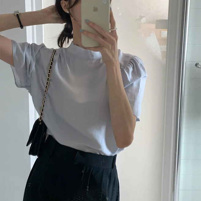 쪼예 투웨이 리본 타이 쉬폰 어깨퍼프 반팔 블라우스