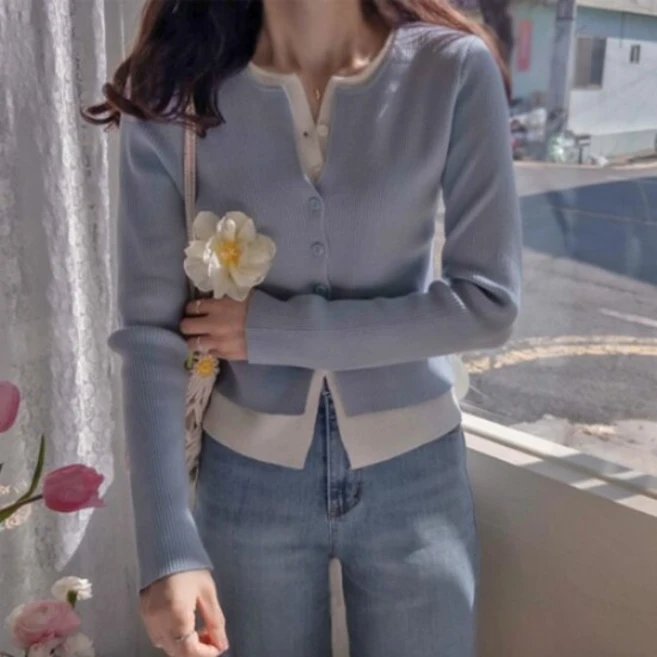 [리린]레이츠비 더블배색 쫀득신축 여리핏 골지 가디건 598409, 그레이