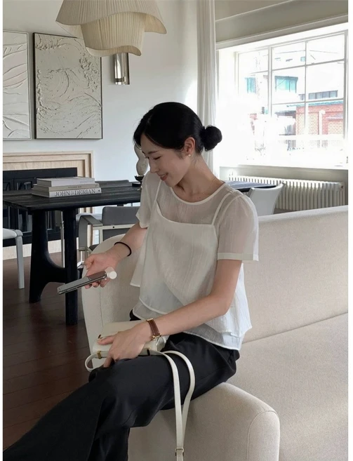 글로리원 여성 로맨틱 시스루 뷔스티에 데일리 반팔 블라우스