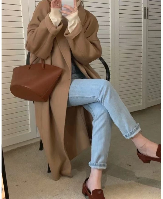 ANYOU 여성 프리미엄루즈핏 더블 롱코트