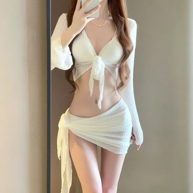 유가티 비치 커버업 시스루 비키니 4세트, 아이보리
