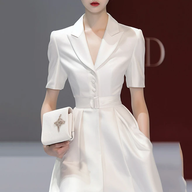 FANSYLI 롱 정장 원피스 결혼식 하객룩 여성 심플 슬림 정장 원피스 오피스룩 X2507J6