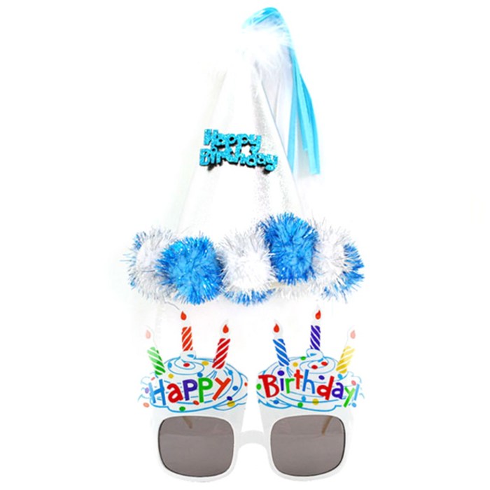 파티팡 솜방울 생일 고깔머리띠 블루 + 생일 컵케익안경 화이트, 1세트