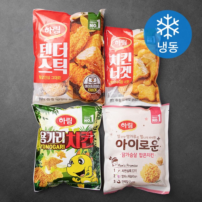 하림 베스트셀러 텐더스틱 550g + 치킨너겟 300g + 아이로운 닭가슴살 팝콘치킨 300g + 용가리치킨 300g 세트 (냉동), 1세트 대표 이미지 - 치킨텐더 추천