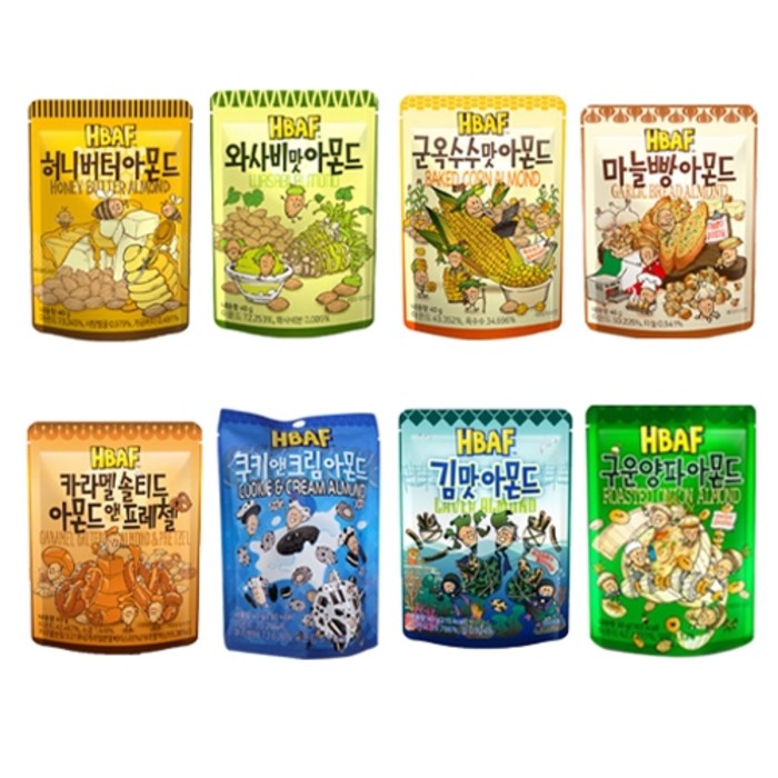 바프 아몬드 허니버터 40g + 와사비 40g + 군옥수수 40g + 마늘빵 40g + 김맛 40g + 쿠키앤크림 40g + 카라멜솔티드 40g + 구운양파맛 40g 세트, 1세트 대표 이미지 - 바프 추천