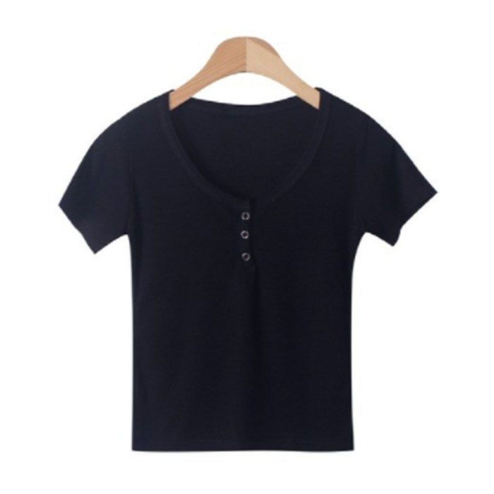 시크블랙 여성용 머르이 크롭 버튼 티셔츠 T8847K22 대표 이미지 - 딱붙는 티 추천