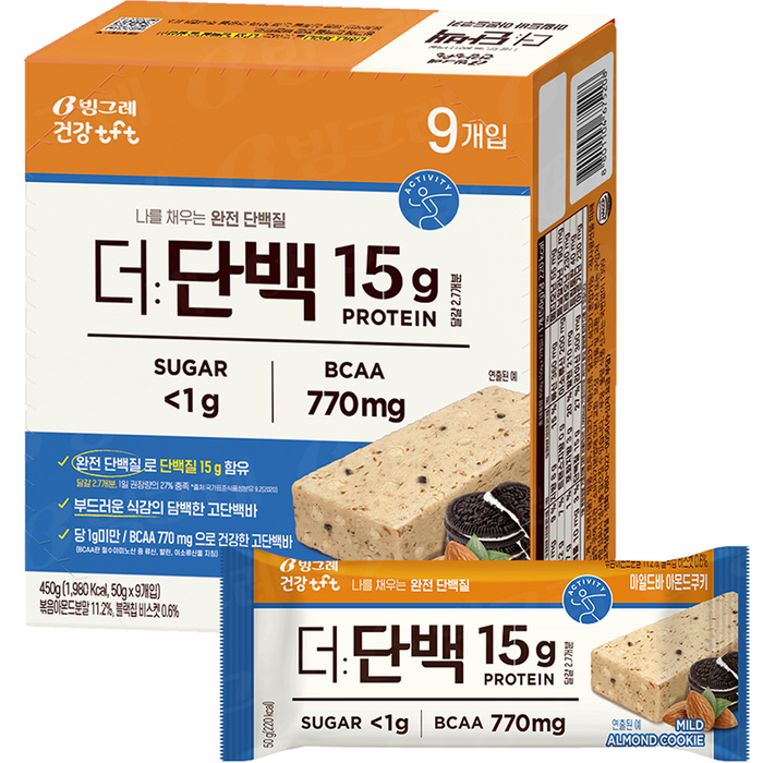 빙그레 tft 더단백 마일드바 아몬드쿠키 9p, 450g, 1개 대표 이미지 - 더단백 추천