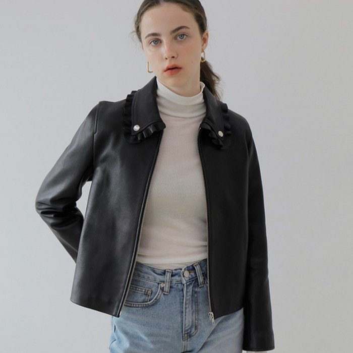 엽페 여성용 FRILL LAMBSKIN LEATHER JACKET 대표 이미지 - 여자 라이더자켓 추천