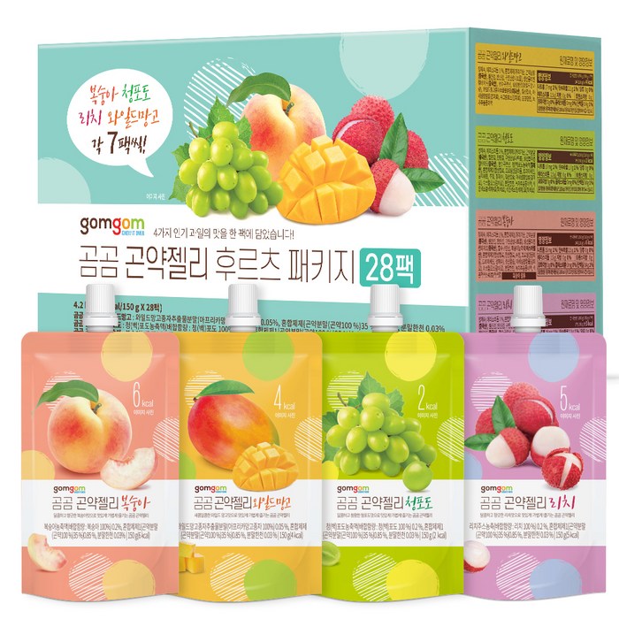 곰곰 곤약젤리 후르츠 패키지 28팩 복숭아 150g x 7p + 와일드 망고 150g x 7p + 청포도 150g x 7p + 리치 150g x 7p, 4.2kg, 1개 대표 이미지 - 업소용 과자 추천