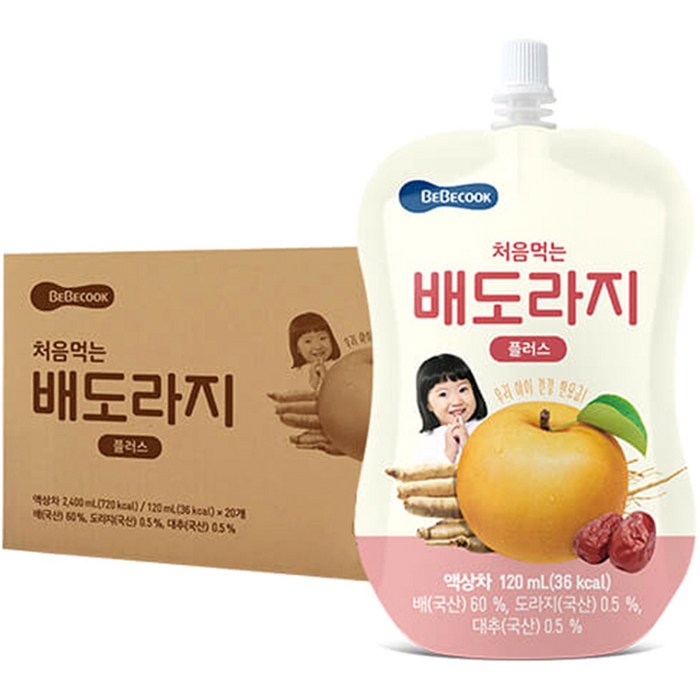 베베쿡 처음먹는 배도라지 플러스 주스 120ml, 배+도라지 혼합맛, 20팩 대표 이미지 - 나주배 추천