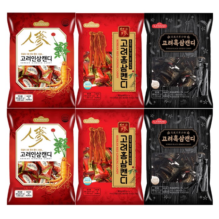 일광제과 고려홍삼캔디 280g x 2p + 고려인삼캔디2 280g x 2p + 고려흑삼캔디 280g x 2p, 1세트 대표 이미지 - 밤양갱 추천