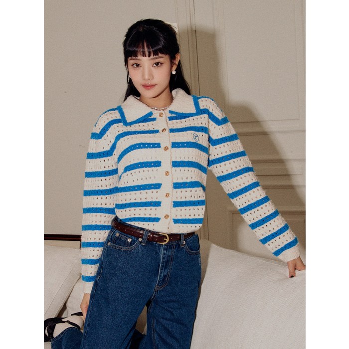 여성용 BUTTON COLLAR STRIPE CARDIGAN 대표 이미지 - 로라로라 니트 추천