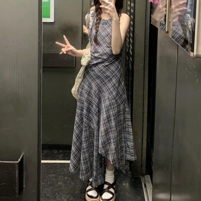 피어니스트 슬림 드레이프 민소매 언발 체크 원피스