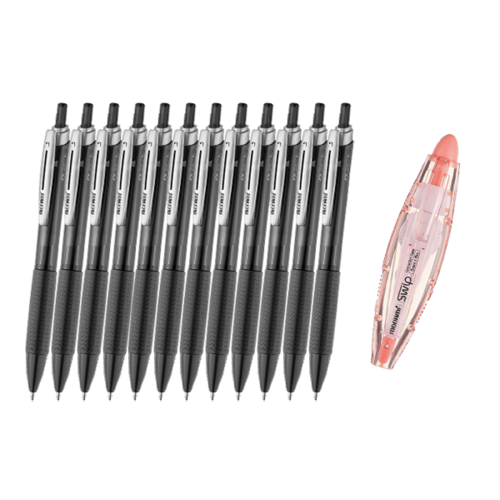 모나미 볼펜 NEW FX ZETA 0.7mm 12p + 노크식 수정테이프 SWIP 세트, 블랙(볼펜), 랜덤발송(수정테이프), 1세트 대표 이미지 - 모나미 추천