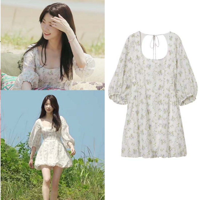 솔로 지옥 신지연같은 스타일 화이트 플라워 원피스 프렌치 빈티지 벌룬 소매 대표 이미지 - 솔로 지옥 패션 추천