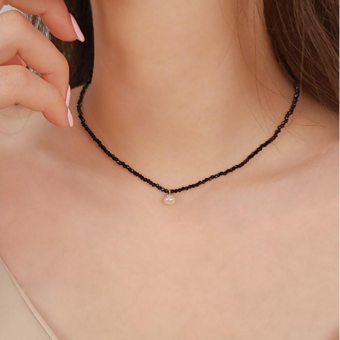 [초콜리트쥬얼리] 리즈 진주 드롭 레이어드 블랙 오닉스 컷팅 원석 목걸이 대표 이미지 - 오닉스 추천