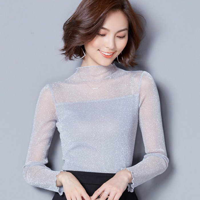 체인지쉬 (change she) 섹시 반짝이 펄 시스루 긴팔 티셔츠 블라우스 대표 이미지 - 여자 댄스복 추천
