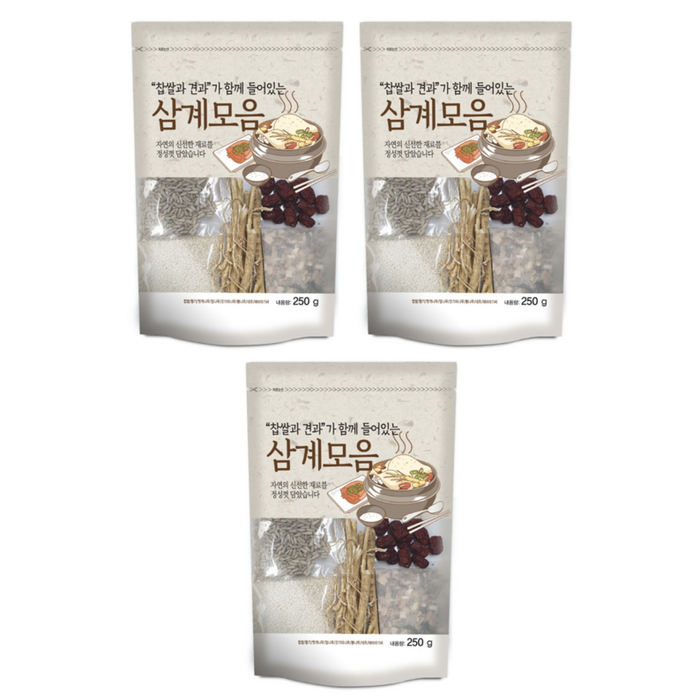 산들 찹쌀과 견과가 함께 들어있는 한가족 삼계모음 250g 3개 대표 이미지 - 삼계탕 찹쌀 추천