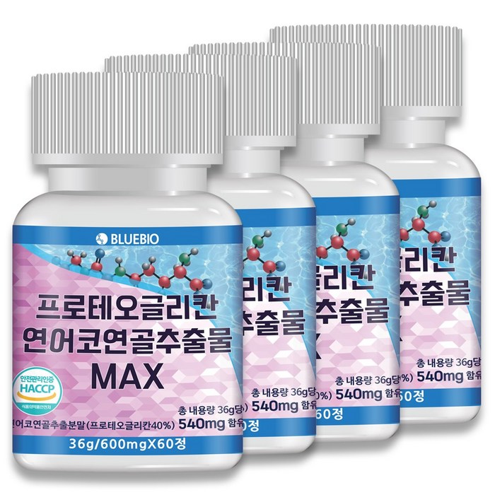 프로테오글리칸 연어코 연골 추출물 MAX 600mg 60정 2형 콜라겐 콘드로이친 글루코사민 류신 함유, 4통/240정/8개월분 대표 이미지 - 프로테오글리칸 추천