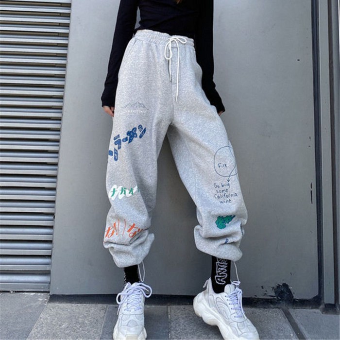 [힙합] Fashion Harajuku Loose Wide Leg Pants Women High Waist Elastic Sweatpants Vintage Female 대표 이미지 - 하이레그 추천