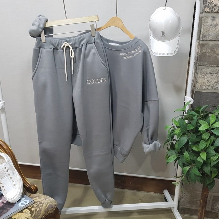 상상그이상 여성용 국내제작 레터링 기모 맨투맨 조거팬츠 투피스 2PCS 세트 데일리룩