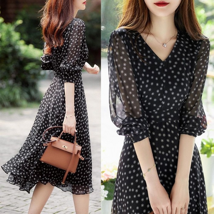 패션고리 여성 브이넥 땡땡이 반팔 하객 쉬폰 원피스 Q59 대표 이미지 - 땡땡이 원피스 추천