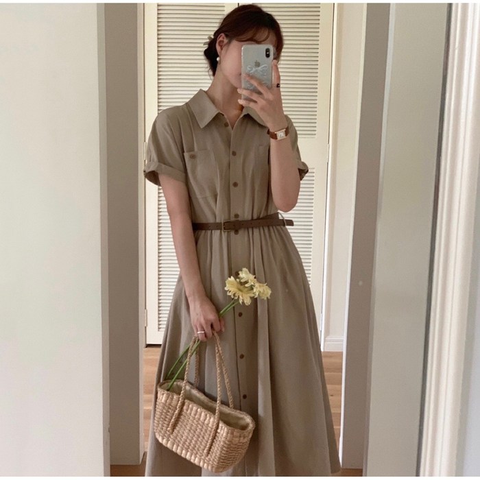 루어스룸 헤이즐 여름 코튼 벨트세트 버튼 플레어 A라인 빅사이즈 여성 a라인 반팔 66 77 88 임산부 하객룩 셔츠 롱 원피스2color 돌잔치룩