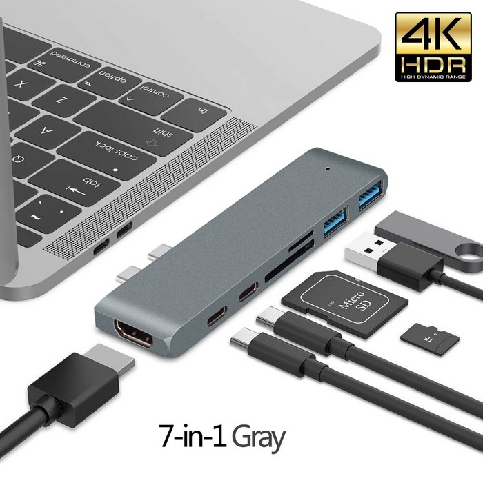 USB 허브 노트북 도킹 스테이션 USB 3.1 c형 허브-HDMI 어댑터 4K 썬더볼트 3 USB c허브 (허브 3.0 포함) TF SD 리더 슬롯 PD 맥북 에어 프로 2020 M1 칩, 06 2T 7 in 1 Gray 대표 이미지 - 썬더볼트4 추천