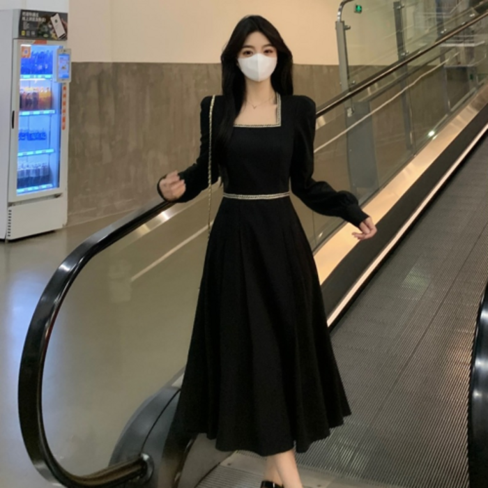 네디아 사각 칼라 긴팔 슬림 원피스 스몰부터 빅사이즈까지 미디 드레스