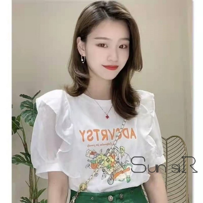Sun siR 라운드 퍼프소매 반팔 티셔츠 2022 여하 루즈핏 레이스 프릴 레터링 탑 -f056입니다 대표 이미지 - 퍼프티 추천