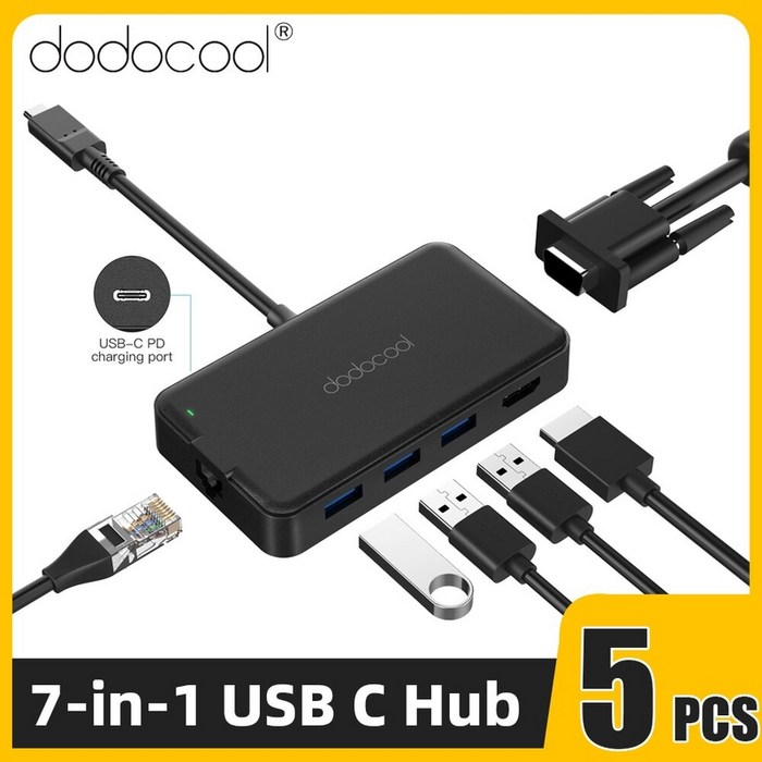 USB 허브 멀티 5Pcs dodocool 7-in-1 C to HDMI VGA RJ45 3.0 유형 C PD 충전 포트 어댑터 변환기 MacBook Pro C 대표 이미지 - 7포트 HDMI 멀티포트 허브 추천