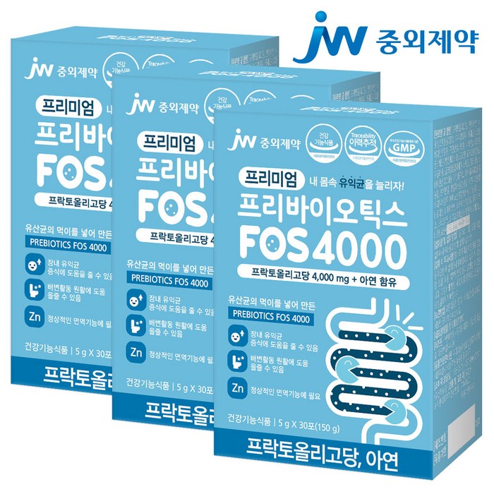 JW중외제약 프리미엄 프리바이오틱스 FOS 4000 플러스 아연 프락토올리고당 유산균, 30포, 3박스 대표 이미지 - 다이어트 유산균 추천