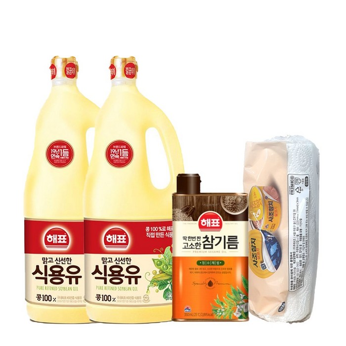 해표 식용유1.8리터 2입+해표 고소한참기름350ml+키친타올, 해표식용유1.8 2입+해표고소한참기름350+키친타올 대표 이미지 - 제일 맛있는 고추기름 추천