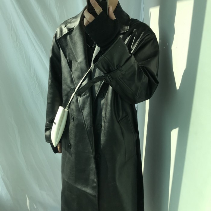 남자 가죽 코트 오버핏 롱 레더 트렌치 가운 자켓 로브 (ML) 대표 이미지 - 오버핏 코트 추천